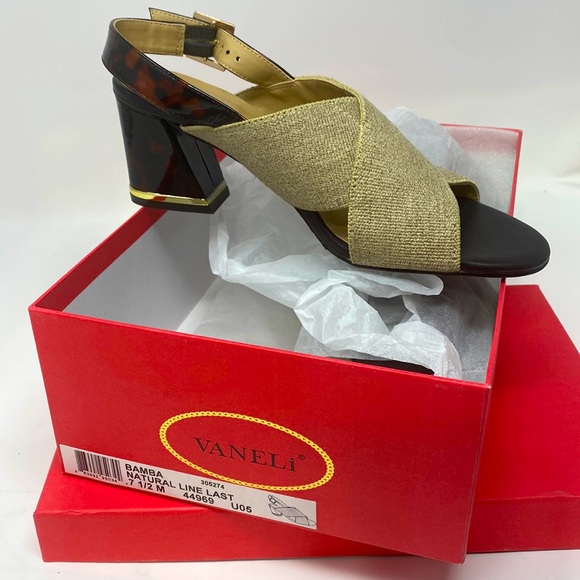 VANELI Bamba Natural Canvas Animal Print Detail Gold Trim Heel Size 7.5 Med NEW - Picture 3 of 16